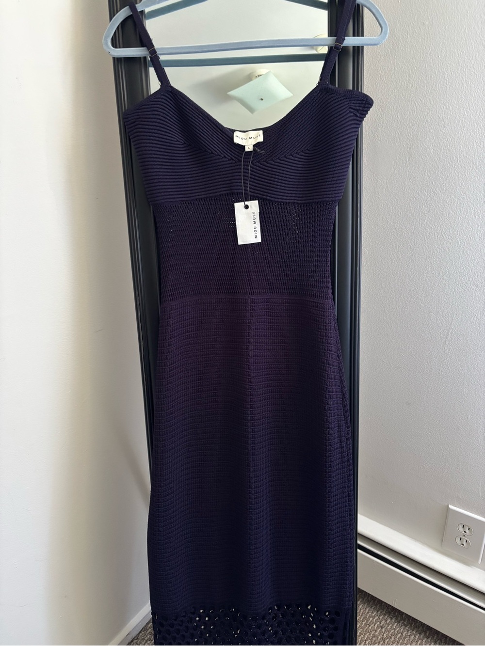 Miou Muse Deep Navy Spaghetti Strap Knit Midi Dress in Large